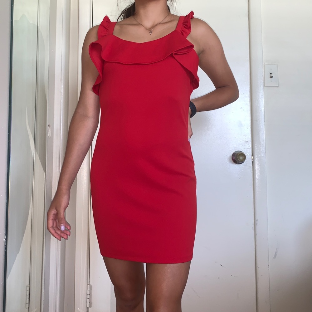 Red Midi dress with Frilled Top